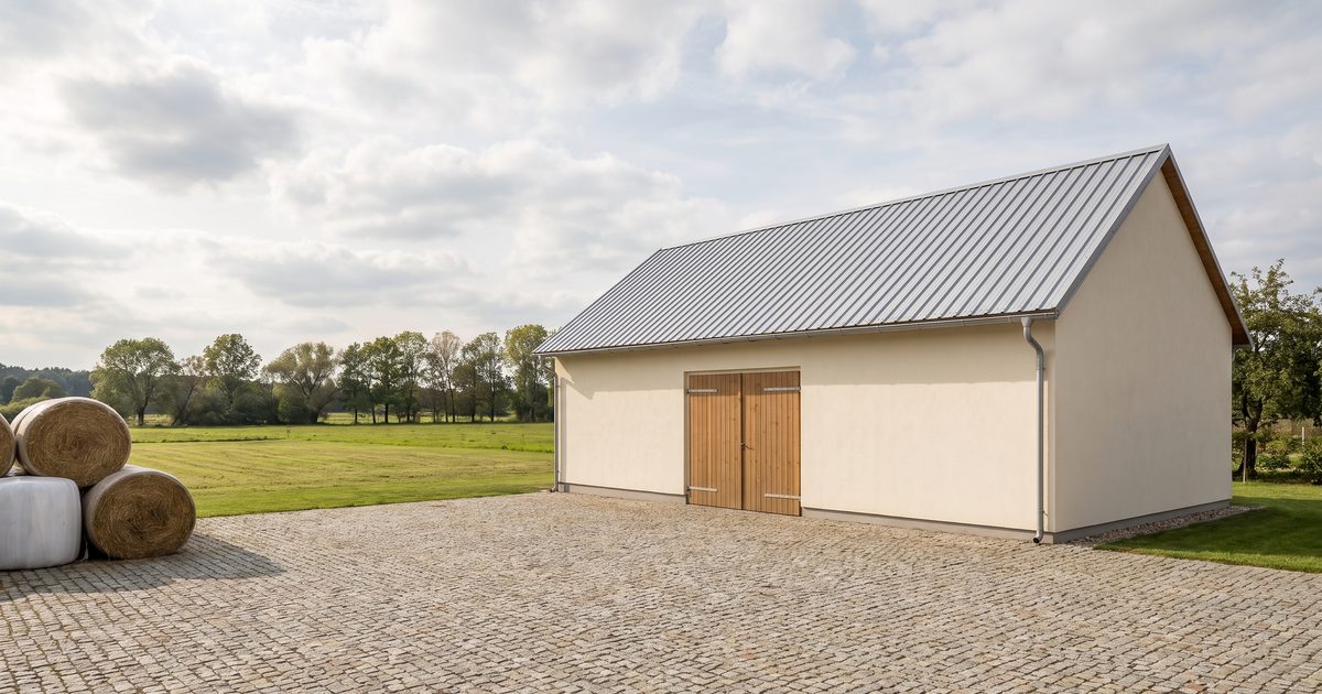 Zadbany budynek gospodarczy z jasną elewacją i blaszanym dachem, stojący przy uporządkowanym podwórzu, w tle pole i linia drzew.